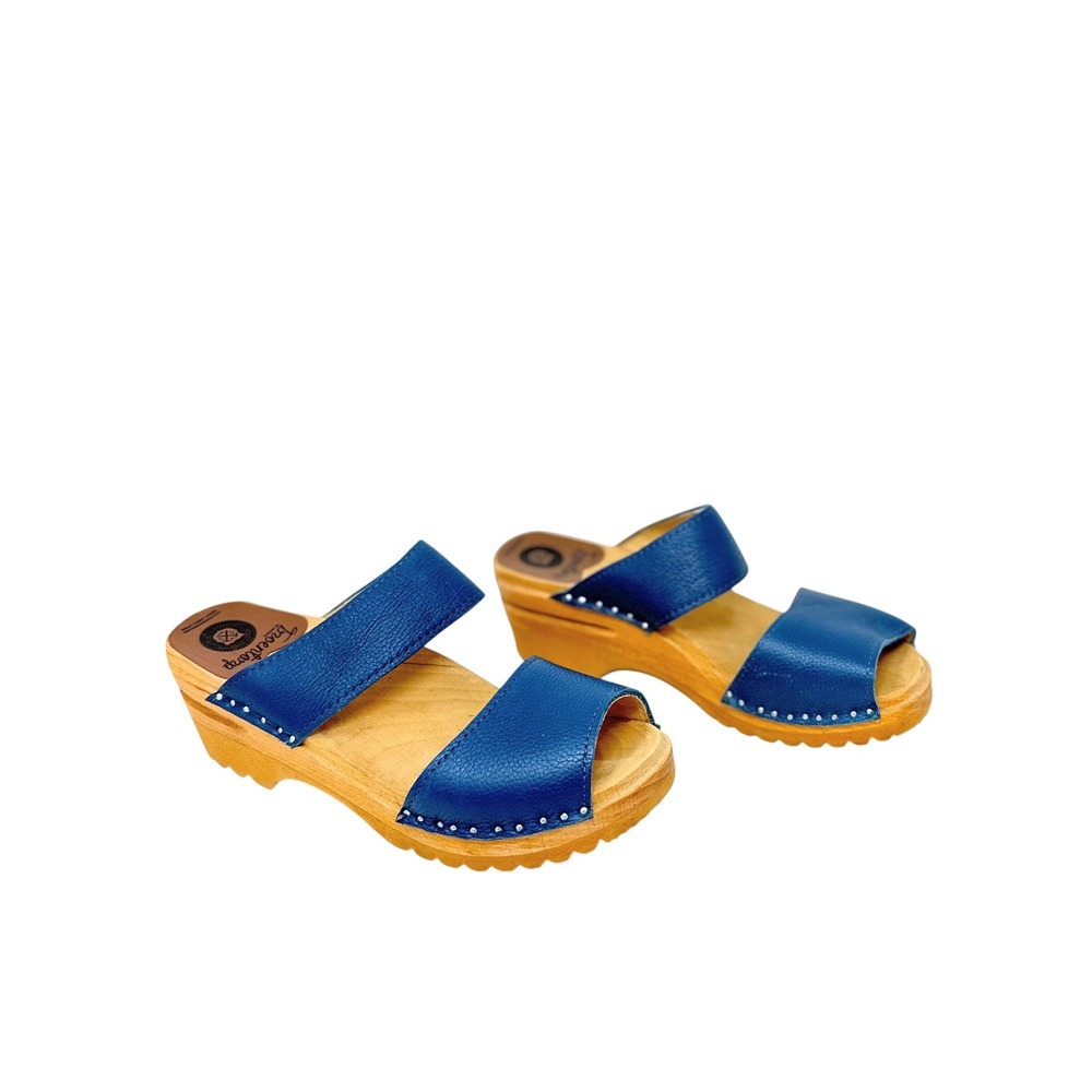 Troentorp Karin Wooden Clog Sandal Blue Vegetable Tanned Leather EU 37 US 7